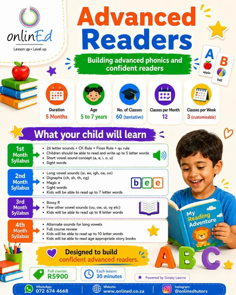 Advanced Readers flyer: ages 5–7, about 60 lessons of 30 minutes, R5900 for the full course.