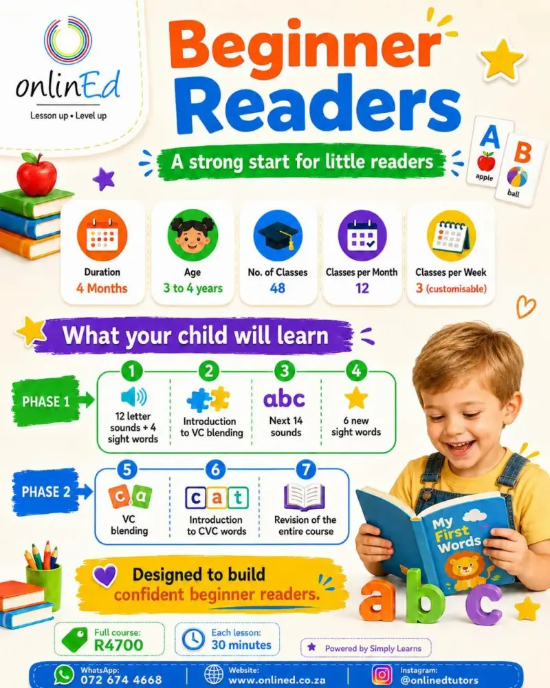 Beginner Readers flyer: ages 3–4, 48 lessons of 30 minutes, R4700 for the full course.