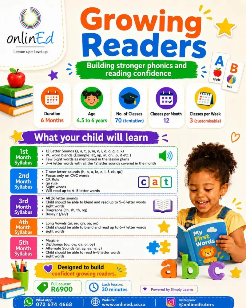 Growing Readers flyer: ages 4½–6, about 70 lessons of 30 minutes, R6900 for the full course.
